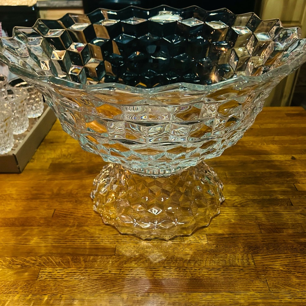 Fostoria Punch Bowl with base. 18’c  Huge, heavy & beautiful.